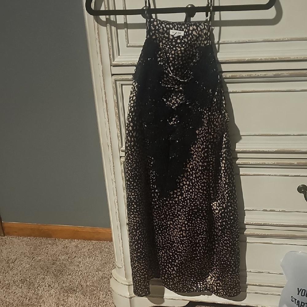 Black and Tan Printed Halter Dress with Lace Detail